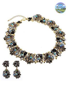 Vintage Crystal Rhinestone Statement Choker Bib Necklace Earring Set for Women